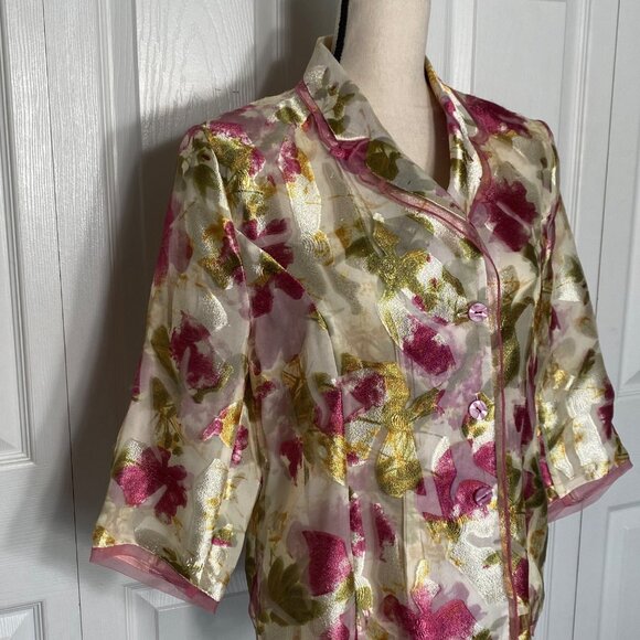 Button Front Watercolor Floral Jacket in a Silky Sheer Finish - Picture 7 of 7